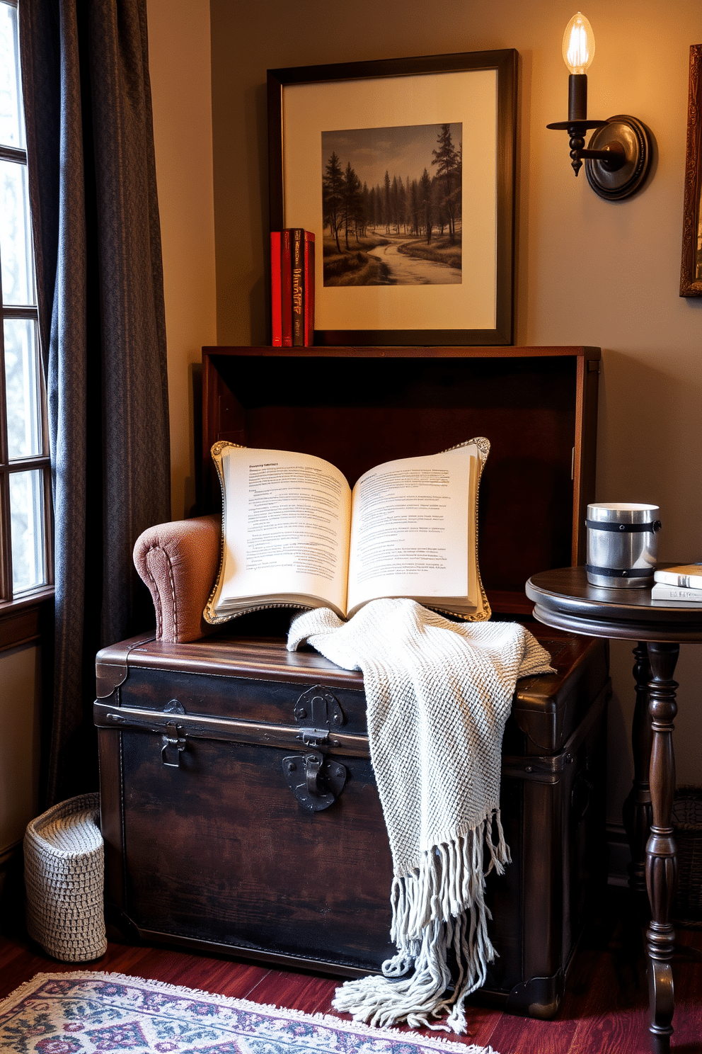 A cozy winter reading nook featuring a vintage trunk used for storage and charm. The nook is adorned with a plush armchair, a warm throw blanket draped over one side, and a small side table holding a steaming cup of tea.