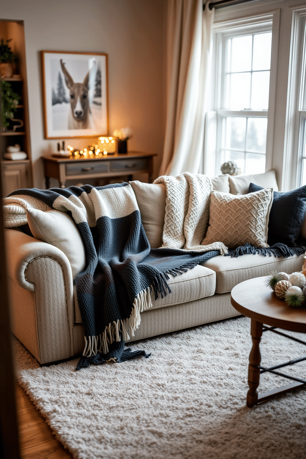 Cozy layered throw blankets are draped over a plush sofa, creating an inviting atmosphere in a small winter living room. The room features warm lighting, with a soft area rug underfoot and a small coffee table adorned with seasonal decorations.