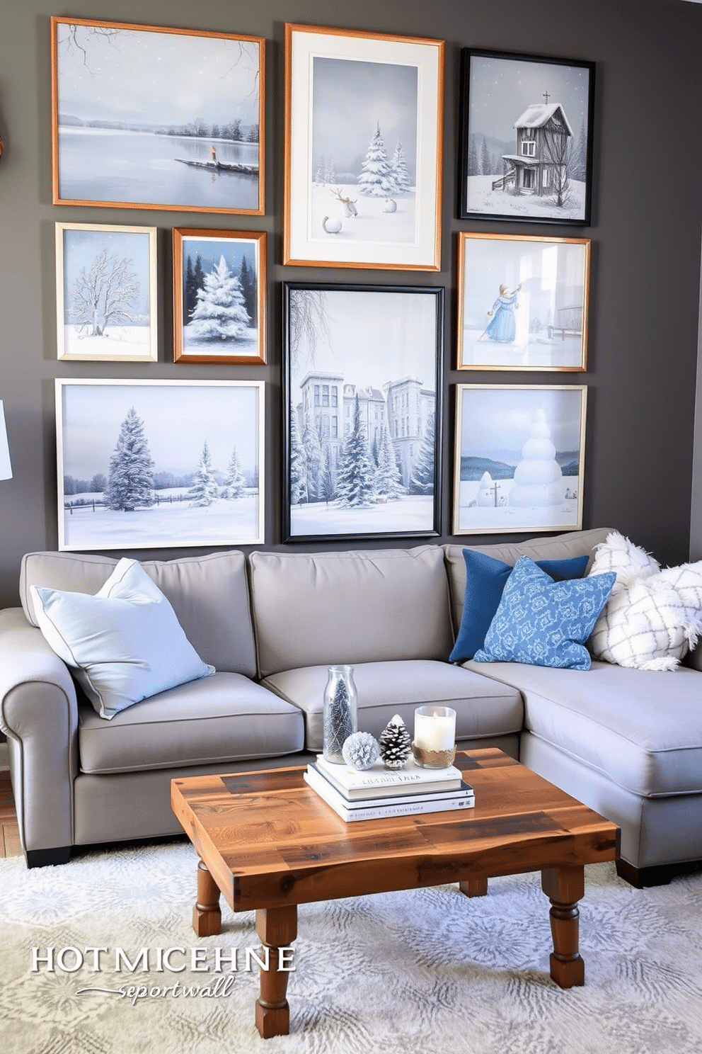 A cozy living room adorned with a gallery wall featuring winter-themed art. The artwork includes serene snowy landscapes and whimsical holiday illustrations, creating a warm and inviting atmosphere. The room is furnished with a plush sofa in soft gray, accented by throw pillows in shades of blue and white. A small coffee table made of reclaimed wood sits in front of the sofa, topped with a few seasonal decorations and a stack of books.