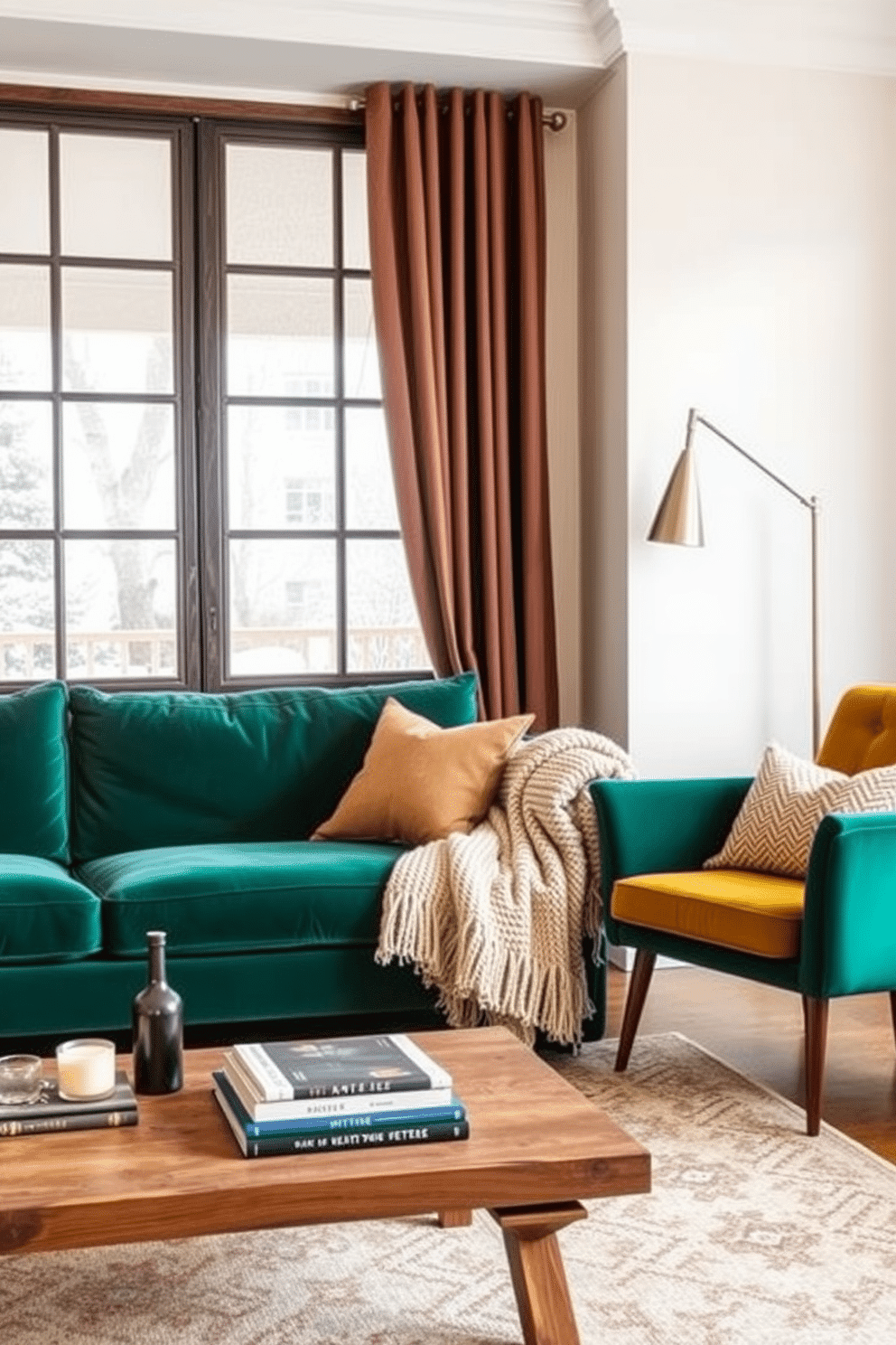 A cozy winter living room that blends vintage charm with modern aesthetics. The space features a plush velvet sofa in deep emerald green paired with a reclaimed wood coffee table adorned with a stack of vintage books and a scented candle. A mid-century armchair in warm mustard yellow adds a pop of color next to a sleek, contemporary floor lamp. The walls are painted in a soft cream hue, while a thick knitted throw drapes over the sofa, inviting warmth and comfort.