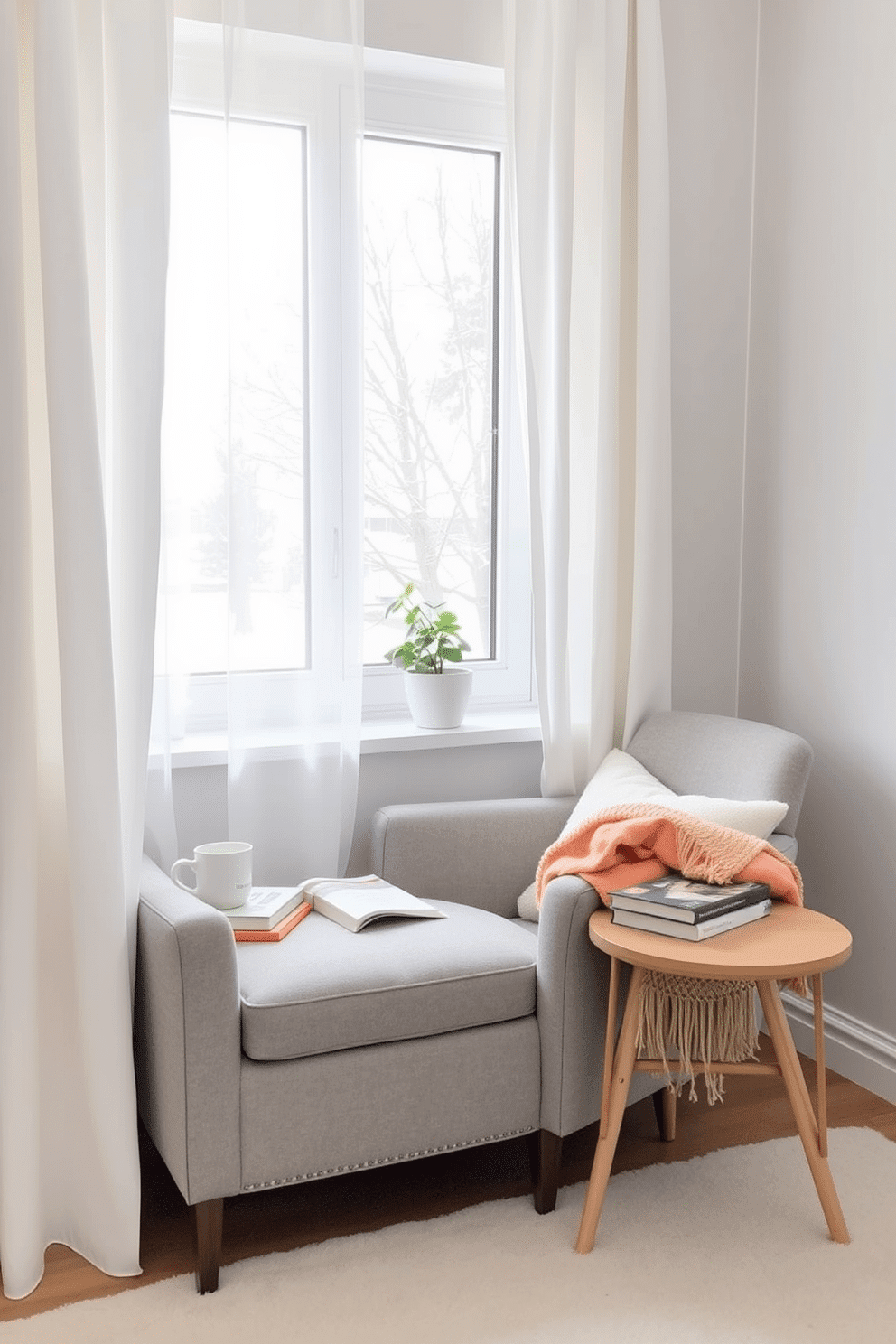 Create a cozy reading nook by the window featuring a plush armchair upholstered in soft gray fabric. A small side table holds a steaming mug and a stack of books, while a warm throw blanket drapes over the arm of the chair. The window is adorned with sheer white curtains that gently filter the winter light. A small indoor plant sits on the windowsill, bringing a touch of nature into the small living room space.