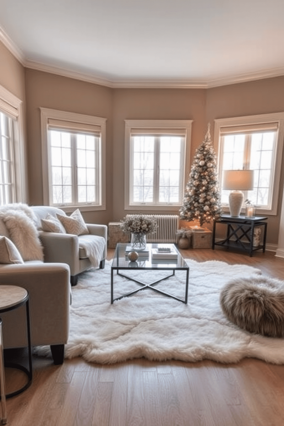 A cozy winter living room setting featuring soft faux fur accents throughout the space. A plush faux fur throw drapes over a stylish armchair, while a matching faux fur rug lies under a sleek coffee table. The walls are painted in a warm neutral tone, creating an inviting atmosphere. Large windows allow natural light to flood the room, highlighting the carefully curated decor and seasonal touches.