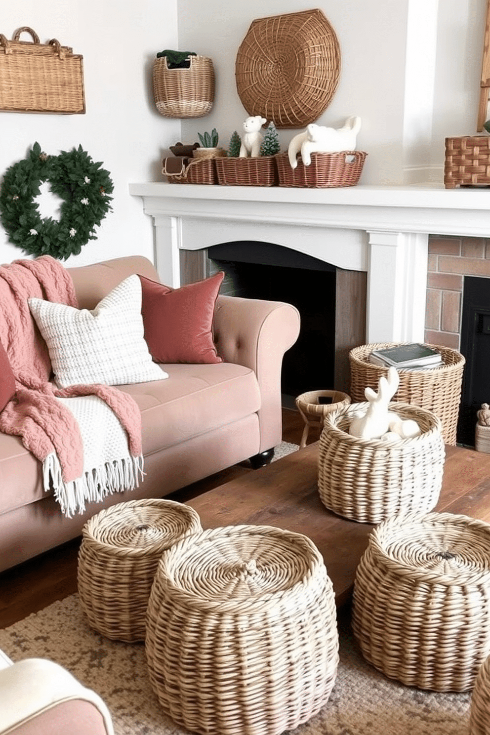 A cozy winter living room adorned with decorative baskets for extra storage. The space features a plush sofa draped with a soft knit throw, complemented by a rustic coffee table surrounded by woven baskets in various sizes.