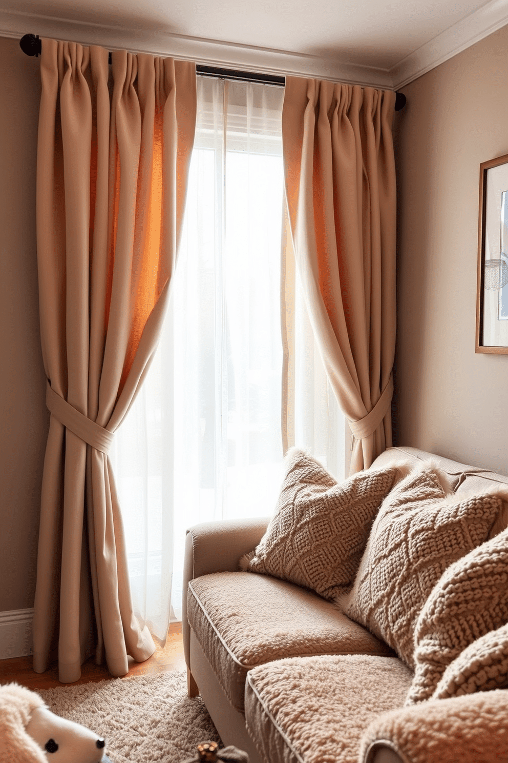 A cozy winter small living room featuring layered curtains that provide added insulation. The curtains are in soft, warm tones, complementing a plush sofa adorned with textured throw pillows.