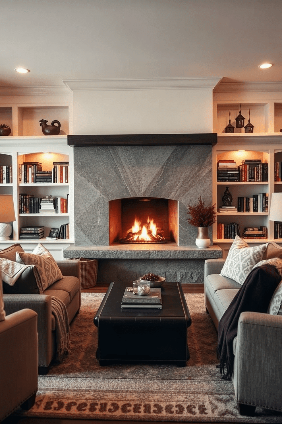 A cozy winter living room features a striking fireplace as the focal point of warmth and comfort. Flanking the fireplace are built-in bookshelves filled with well-loved books and decorative accents that enhance the inviting atmosphere. Plush seating arrangements with soft throws and cushions create an inviting space for relaxation. The color palette consists of warm neutrals and deep jewel tones to evoke a sense of seasonal coziness.