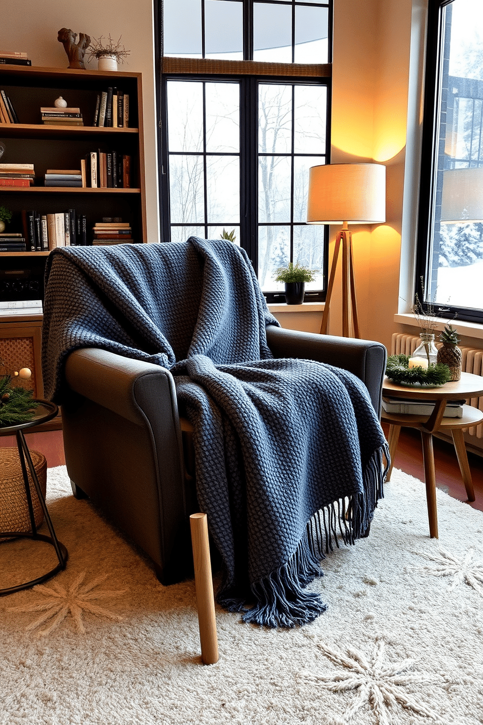 A cozy winter living room setting featuring a soft, textured throw blanket draped over a plush armchair. The color palette includes deep blues and warm grays, complemented by a small wooden coffee table adorned with seasonal decor. In the background, a stylish bookshelf showcases a mix of books and decorative items, while a warm glow emanates from a nearby floor lamp. The room is enhanced by a large window revealing a snowy landscape outside, creating a perfect winter retreat.