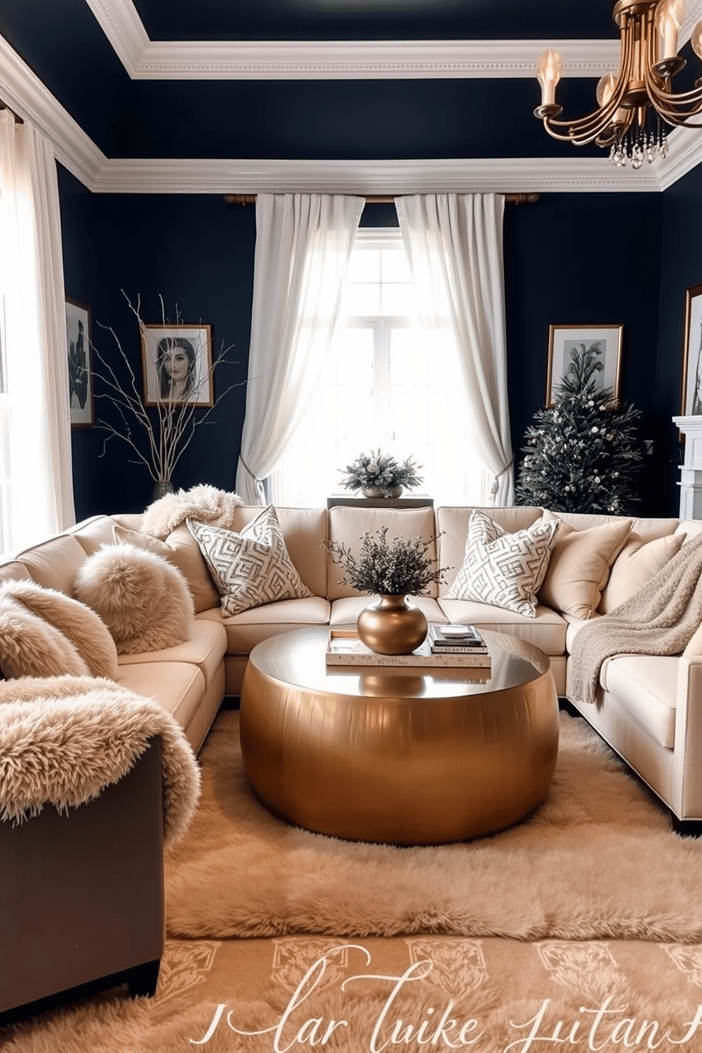 A cozy winter living room adorned with plush textures and warm colors. A soft beige sofa is complemented by metallic accent pillows and a shimmering gold coffee table at the center. The walls are painted in a deep navy blue, creating a striking backdrop. A large window is dressed with sheer white curtains, allowing natural light to filter through and illuminate the space.