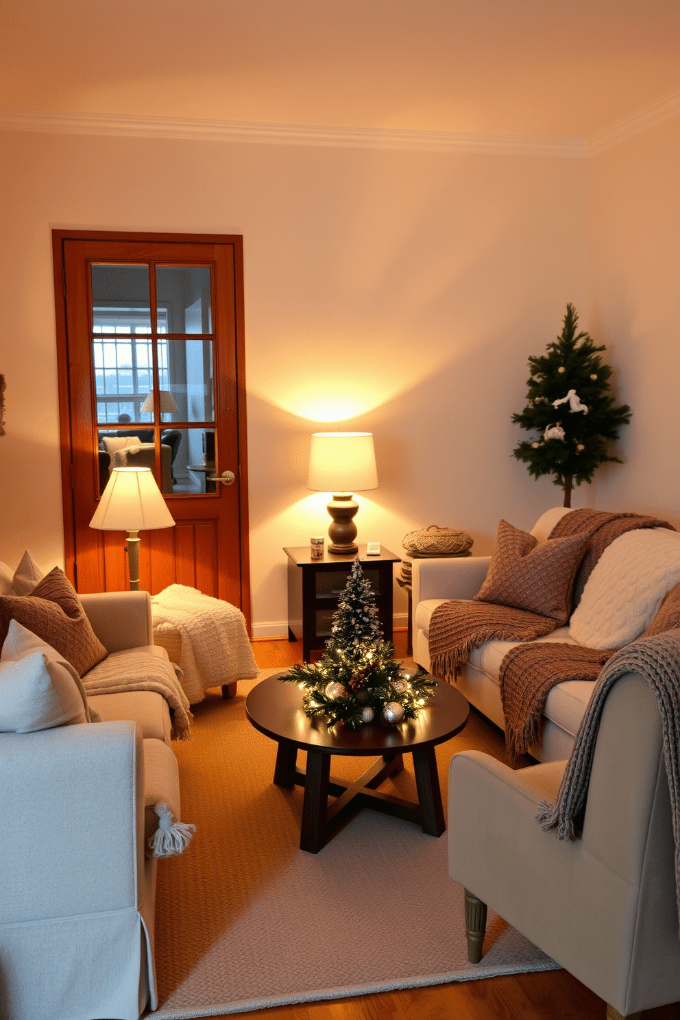 A cozy winter living room adorned with warm lighting. Soft table lamps illuminate the space, casting a gentle glow on plush seating and textured throws. The walls are painted in a soft cream color, complementing the rich wooden accents. A small coffee table is adorned with seasonal decorations, creating a welcoming atmosphere.