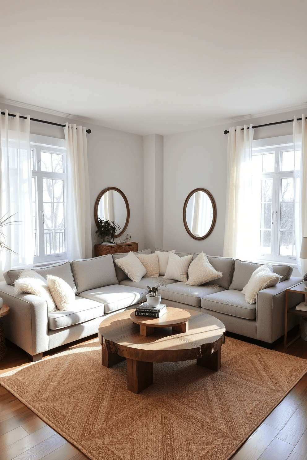 A cozy winter living room filled with natural light. Large windows draped with sheer white curtains allow sunlight to pour in, illuminating the space. A plush sectional sofa in soft gray is adorned with fluffy throw pillows in pastel colors. A round coffee table made of reclaimed wood sits in the center, topped with a stack of books and a small potted plant. Mirrors are strategically placed on the walls to enhance the brightness and create an illusion of more space. A warm area rug in a subtle geometric pattern adds texture and comfort underfoot.