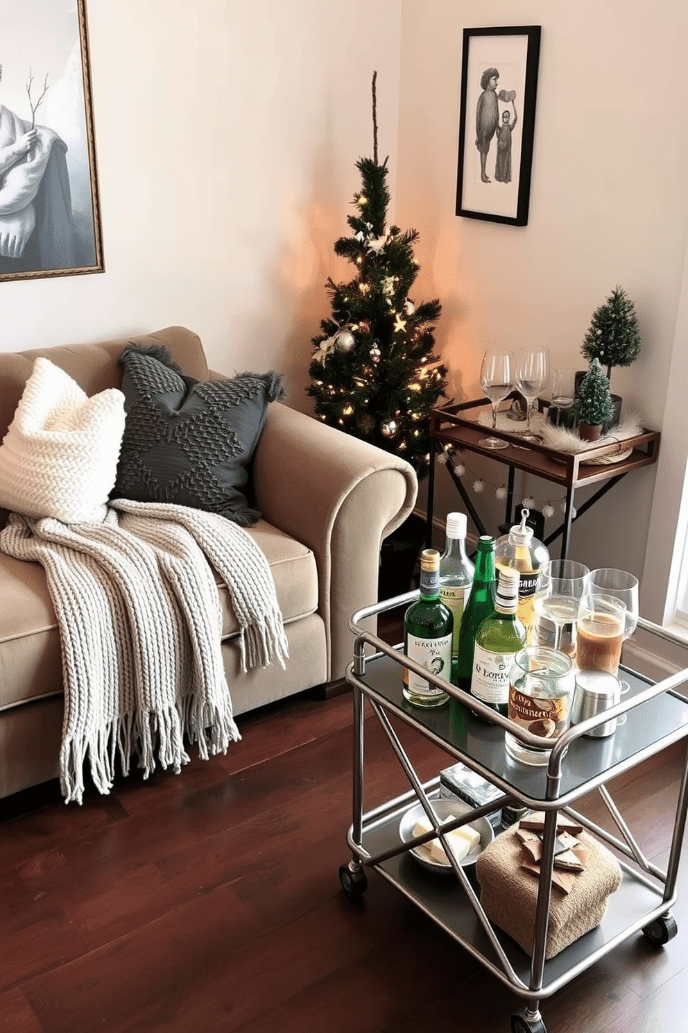 A cozy winter living room setting designed for entertaining. There is a plush sofa adorned with soft, textured throw pillows and a warm knitted blanket draped over one arm. In the corner, a stylish small bar cart is set up with an assortment of glassware and a selection of winter-themed beverages. The walls are painted in a soft cream color, and the floor is covered with a rich, dark wood that adds warmth to the space.