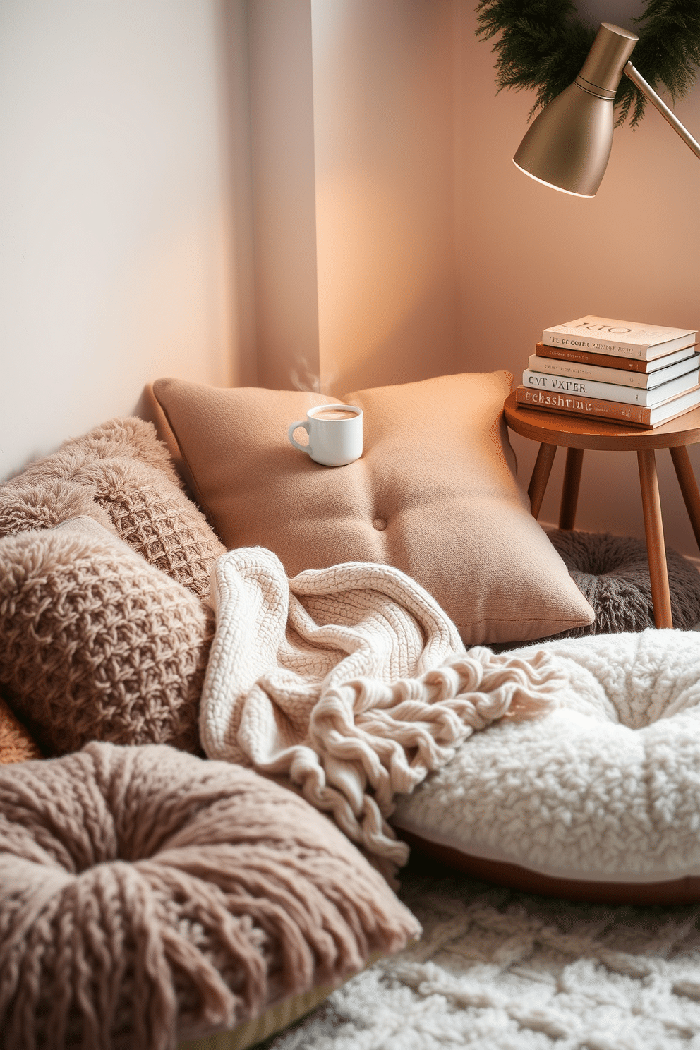 Create a cozy corner with an assortment of plush floor cushions in various textures and colors. A soft, knitted throw blanket is casually draped over one of the cushions, inviting relaxation. In the background, a small side table holds a steaming cup of hot cocoa and a stack of your favorite books. A warm glow from a nearby lamp enhances the inviting atmosphere, making it the perfect spot to unwind during the winter months.