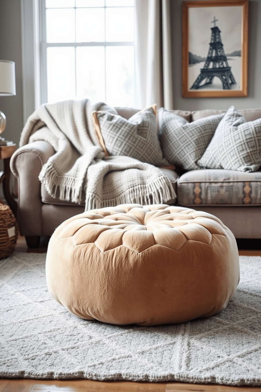 A cozy winter living room features a soft, oversized pouf in a warm, neutral tone placed in front of a plush sofa. The space is adorned with layered textiles, including a chunky knit throw and patterned cushions, creating an inviting atmosphere perfect for relaxation.