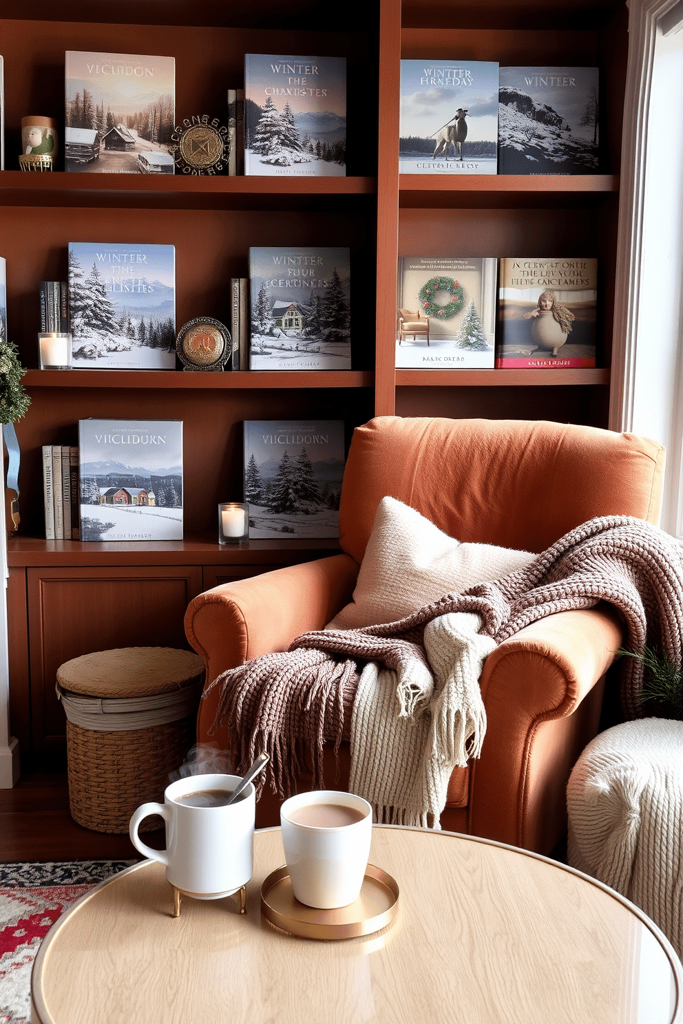 A cozy winter-themed living room adorned with a warm color palette. Shelves are filled with beautifully arranged winter-themed books, featuring covers with snowy landscapes and holiday motifs. A plush, oversized armchair is placed near the shelves, draped with a soft knitted throw. A small coffee table in front of the chair holds a steaming mug of cocoa and a candle, creating an inviting atmosphere.