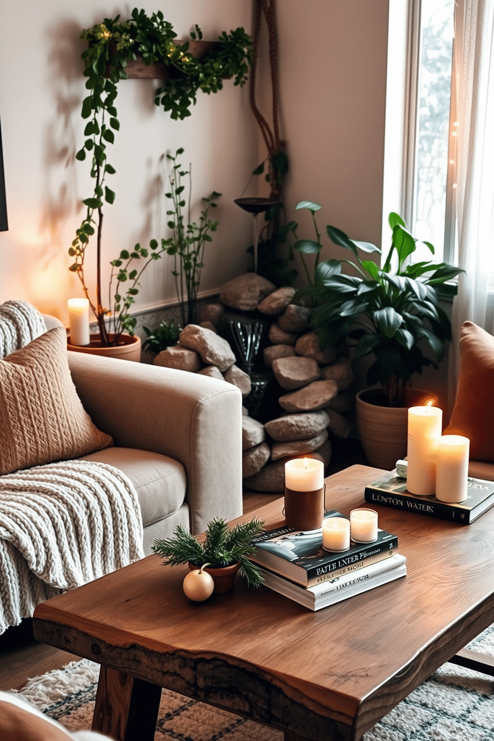 A cozy winter living room adorned with soft textures and warm hues. A small indoor water feature gently trickles in the corner, surrounded by lush green plants that add a touch of tranquility. The seating area consists of a plush, oversized sofa draped with a chunky knit throw. A rustic wooden coffee table sits in front, topped with candles and a stack of winter-themed books for a welcoming ambiance.