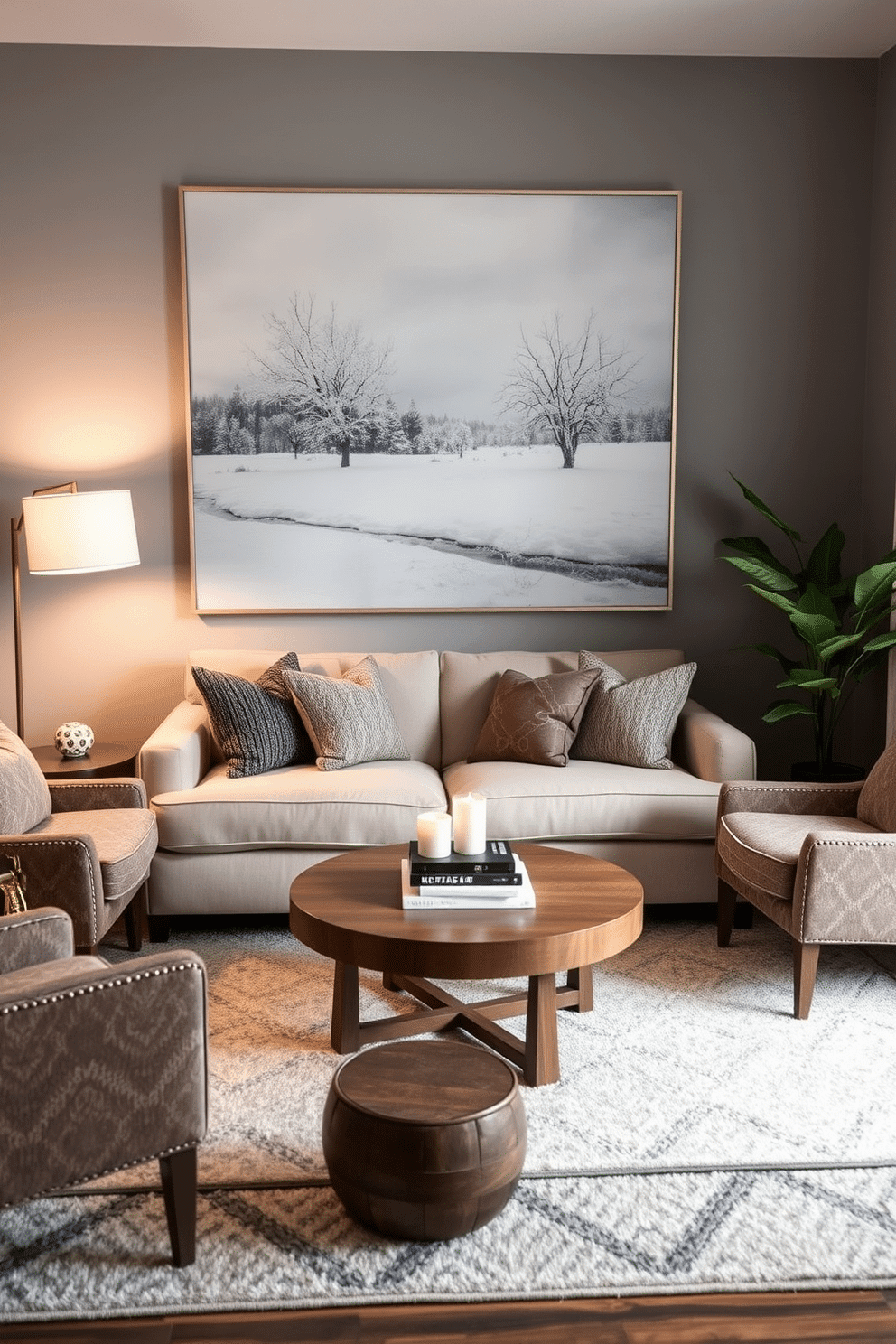 Create a cozy winter small living room that features oversized art as a focal point. The walls are painted in a soft gray, and the oversized artwork showcases a winter landscape in cool tones. Include a plush, neutral-colored sofa adorned with textured throw pillows for added warmth. A round wooden coffee table sits in front of the sofa, topped with a stack of books and a decorative candle. Incorporate a soft area rug that adds comfort underfoot and ties the space together. Flank the sofa with two stylish armchairs upholstered in a rich fabric for an inviting atmosphere. Add ambient lighting with a floor lamp that has a warm glow, perfect for winter evenings. Place a few green plants in the corners to bring a touch of nature indoors.