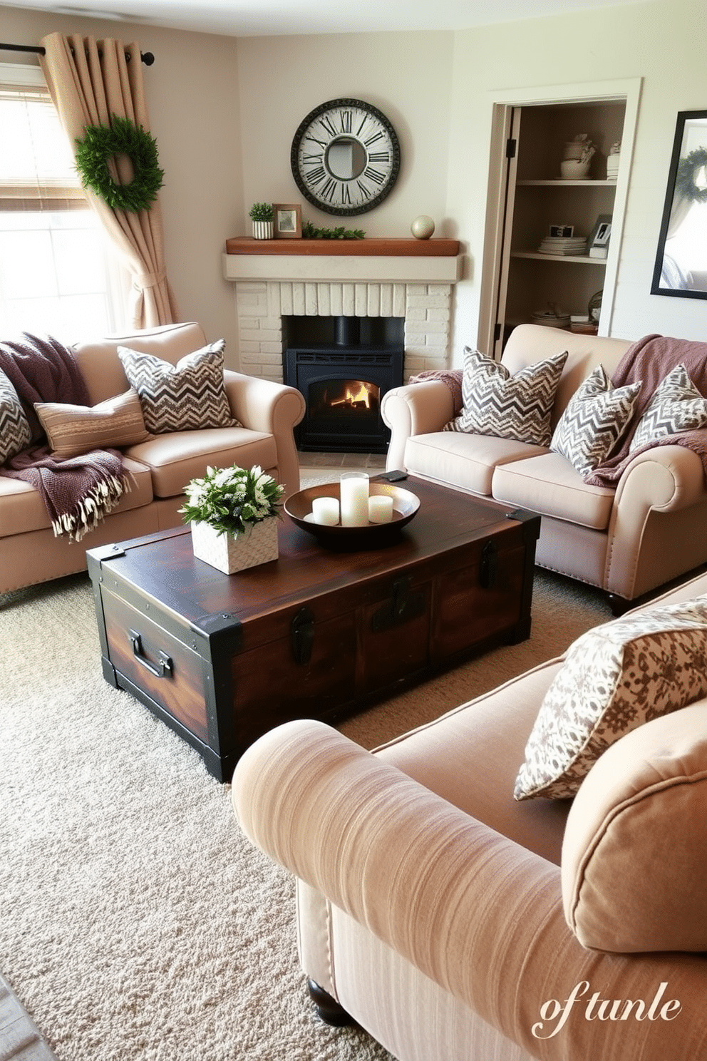 A cozy winter small living room features a vintage trunk serving as a coffee table, surrounded by plush seating in warm, neutral tones. Soft throw blankets and decorative pillows add comfort, while a small fireplace creates a warm ambiance.