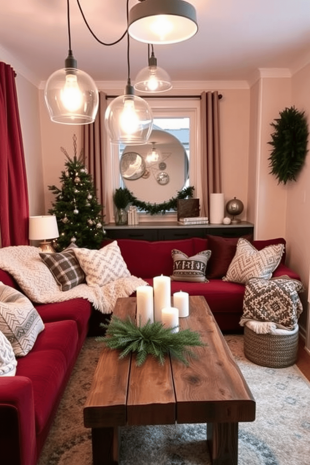 A cozy winter small living room adorned with soft textures and warm colors. A plush sofa in deep burgundy is paired with a chunky knit throw and decorative pillows in various patterns. Stylish pendant lights hang from the ceiling, casting a warm glow over the space. A rustic wooden coffee table sits in the center, topped with a few candles and a small evergreen arrangement.