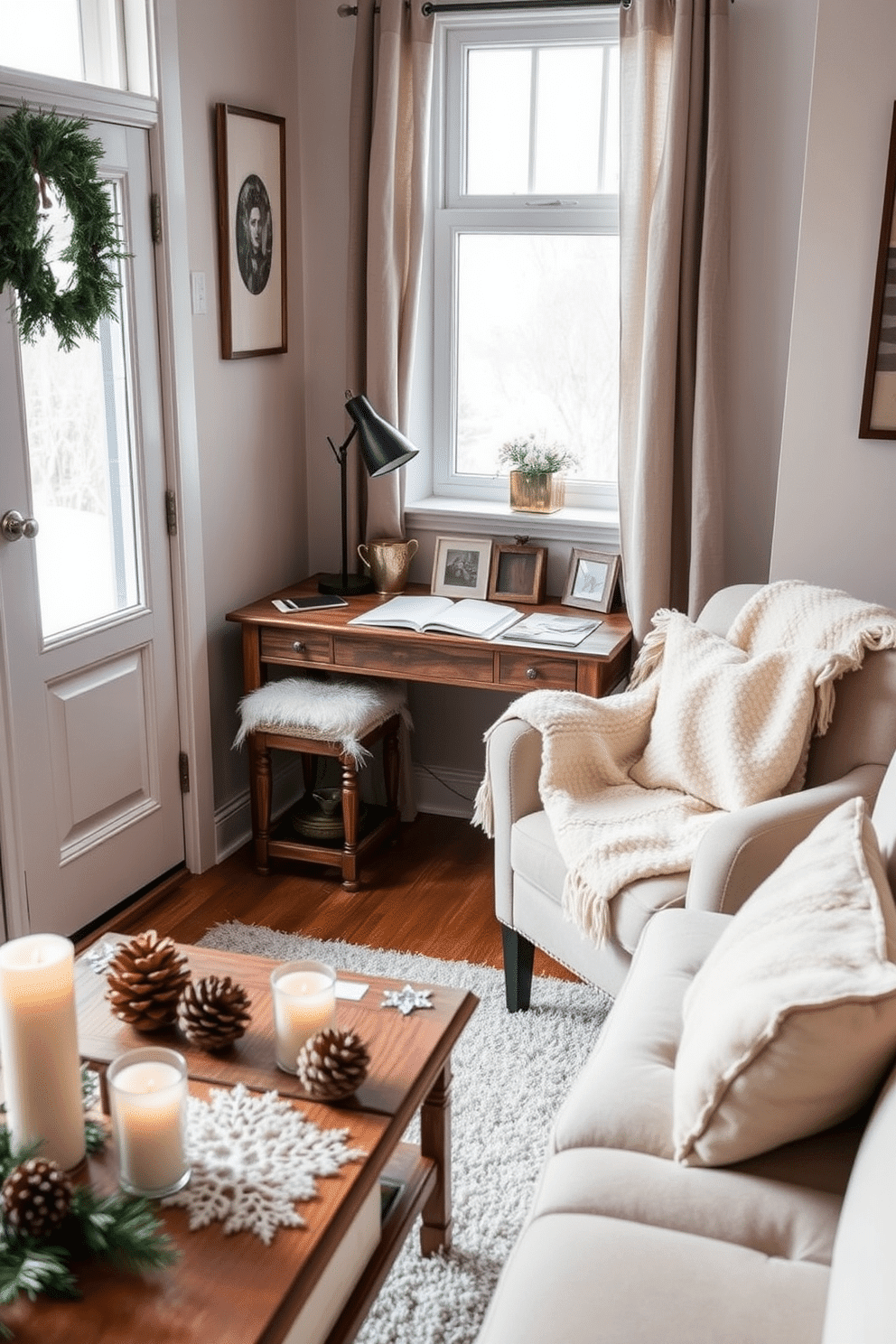 A cozy winter small living room features a small wooden desk positioned near a window, ideal for work or crafts. The desk is adorned with a stylish lamp and a few decorative items, creating an inviting workspace. The room is decorated with soft, warm textiles such as a plush throw blanket draped over a comfortable armchair. A small coffee table sits in front of the sofa, surrounded by seasonal decor like pinecones and candles, enhancing the winter ambiance.