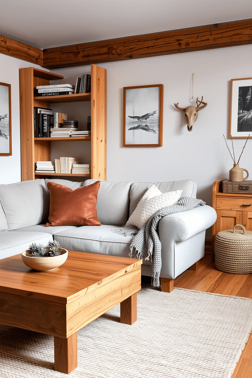 A cozy winter small living room featuring natural wood accents that enhance the rustic charm. The space includes a warm wooden coffee table paired with a plush, neutral-toned sofa and a soft knit throw draped over the arm. In one corner, a tall wooden bookshelf displays a collection of books and decorative items. The walls are adorned with nature-inspired artwork, and a woven rug anchors the seating area, adding texture and warmth.