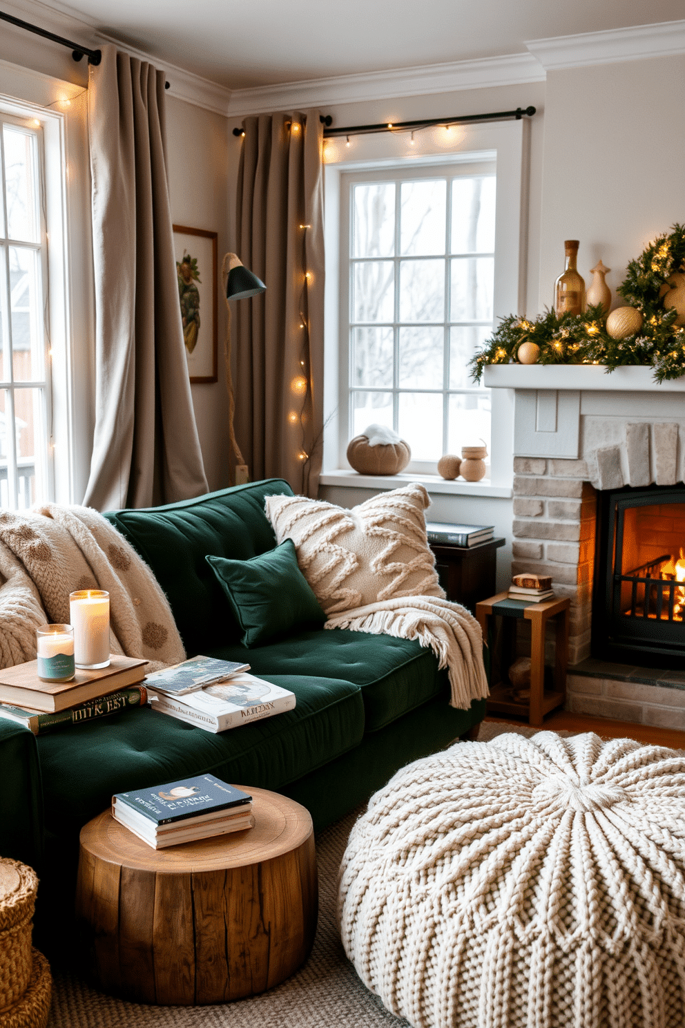 A cozy winter living room adorned with soft textures and warm colors. Plush throw blankets drape over a deep green velvet sofa, while a rustic wooden coffee table holds a stack of seasonal books and a scented candle. Twinkling fairy lights are strung across the windows, casting a soft glow throughout the space. A large, knitted pouf sits beside the fireplace, inviting guests to gather and enjoy the warmth of the season.