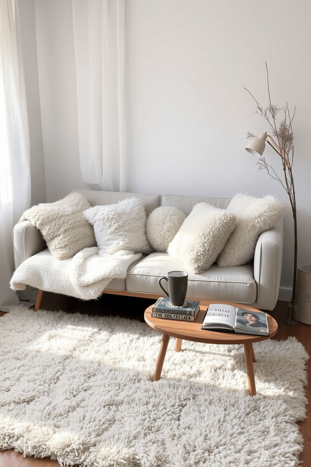 Fluffy pillows in various textures are scattered across a cozy sofa in a small winter living room. The color palette features soft whites, muted grays, and warm earth tones, creating a welcoming atmosphere. A plush area rug anchors the seating area, while a small wooden coffee table holds a stack of books and a steaming mug. Natural light streams in through sheer curtains, highlighting the inviting textures and layers throughout the space.