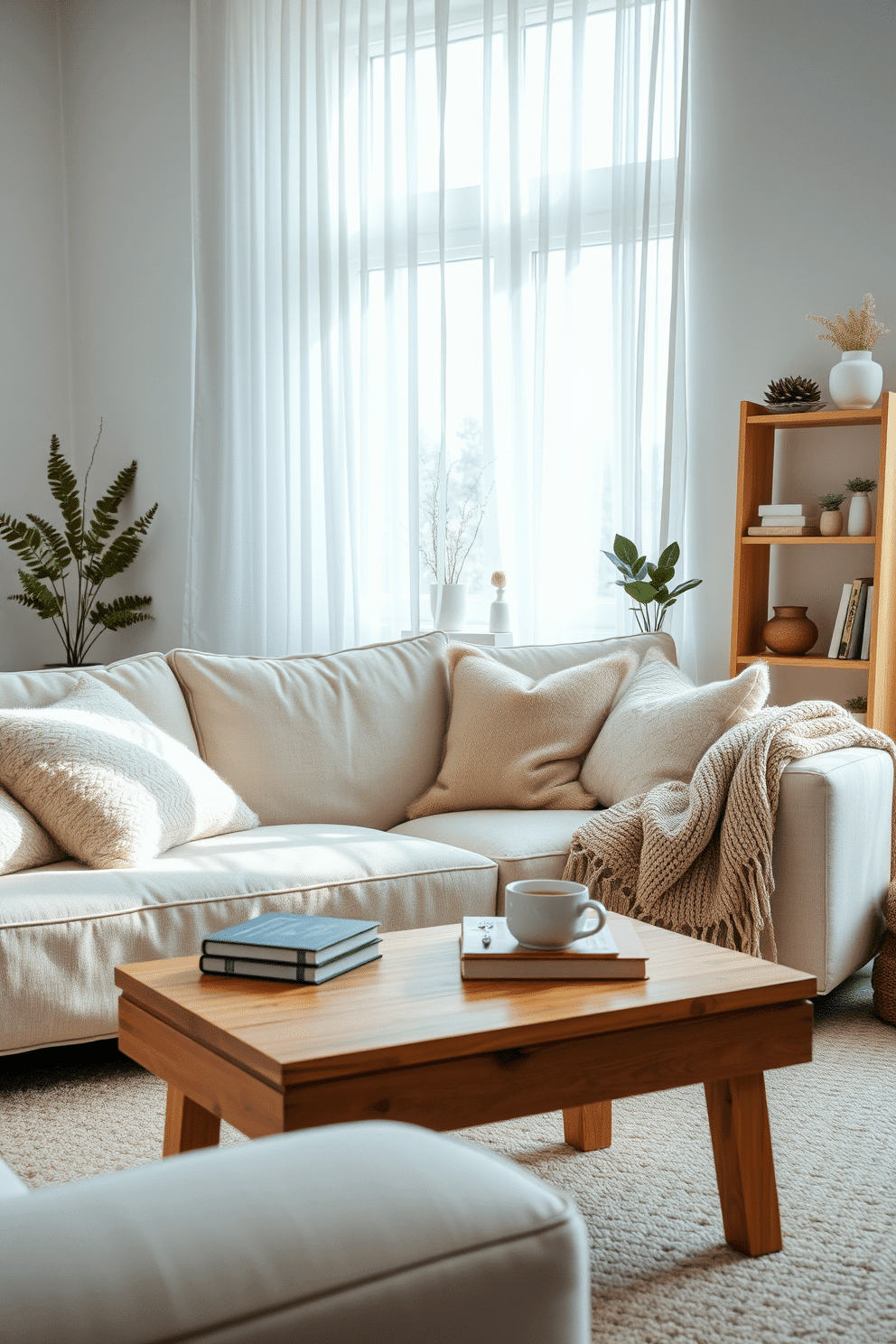 A cozy winter living room designed in hygge style features a soft, oversized sofa adorned with plush throw pillows in neutral tones. A warm woolen blanket drapes over the armrest, while a wooden coffee table holds a few carefully curated books and a steaming mug of tea. Natural light pours in through large windows dressed with sheer white curtains, creating an inviting atmosphere. A minimalist bookshelf against the wall displays a selection of plants and decorative items, enhancing the room's serene aesthetic.