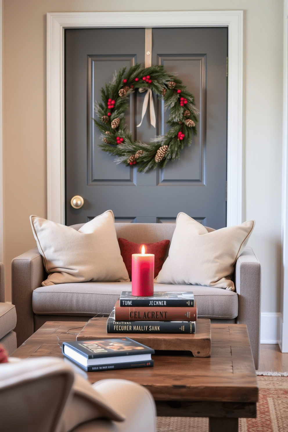 A charming front door adorned with a seasonal wreath featuring pinecones and red berries. The wreath adds a festive touch to the entrance, inviting warmth and cheer during the winter months. In the small living room, a cozy seating arrangement includes a plush sofa with soft throw pillows in muted tones. A rustic coffee table sits in the center, topped with a stack of seasonal books and a flickering candle for a warm ambiance.