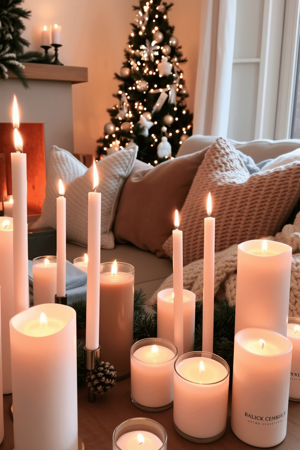 A cozy winter living room setting filled with candles of varied heights creating a warm ambiance. The flickering candlelight reflects off a plush, neutral-toned sofa adorned with soft throw pillows and a chunky knit blanket.