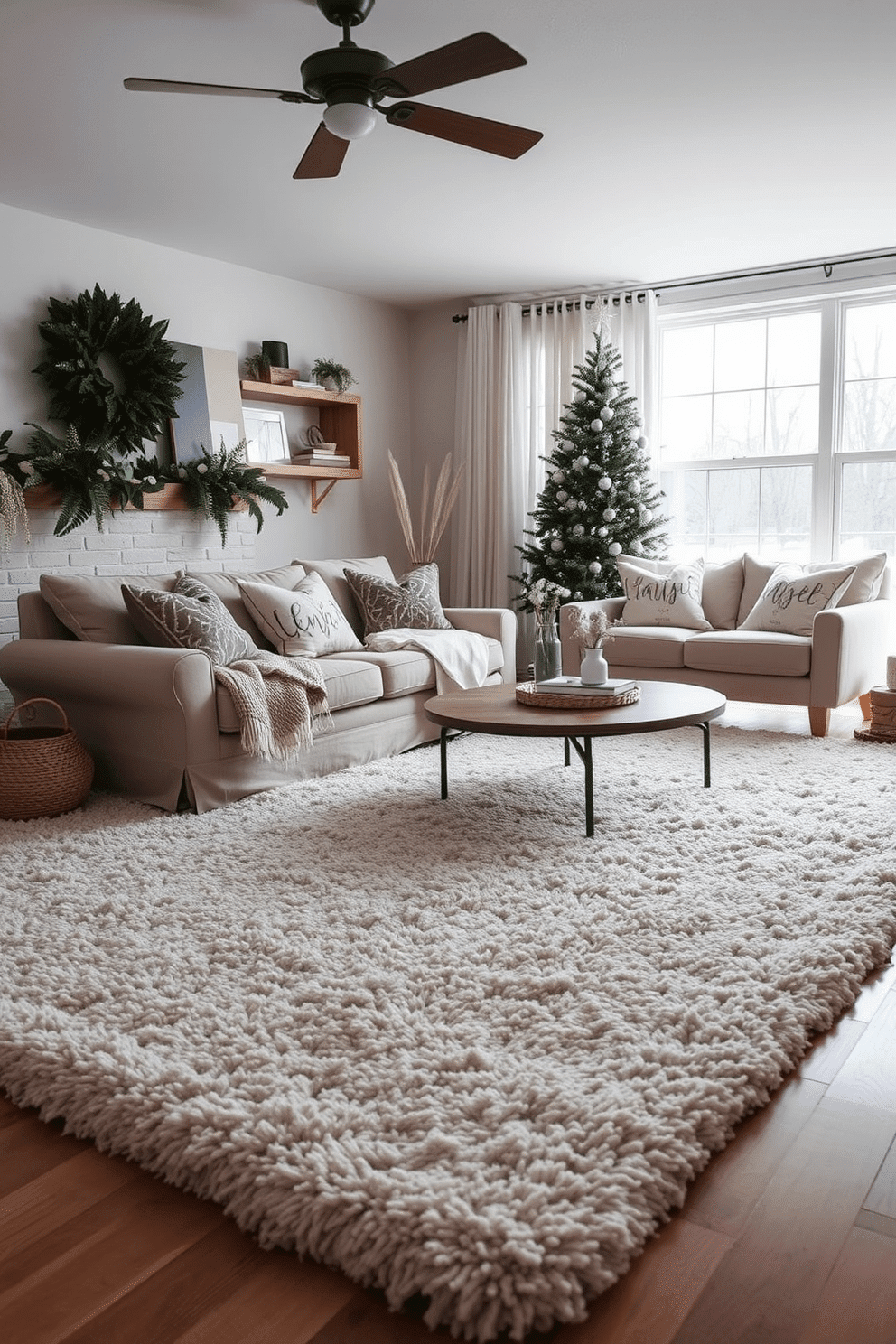 A cozy winter living room adorned with a thick area rug that adds warmth underfoot. The rug features a soft texture and a neutral color palette, complementing the surrounding furniture and decor.