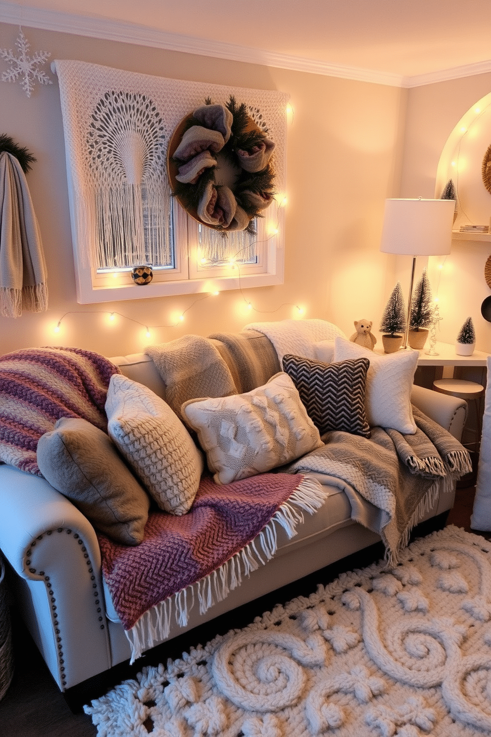 A cozy living room featuring a plush sofa adorned with soft throw blankets in various textures and colors. The space is decorated with warm lighting and small decorative items that enhance the winter theme while maximizing the charm of the small area.