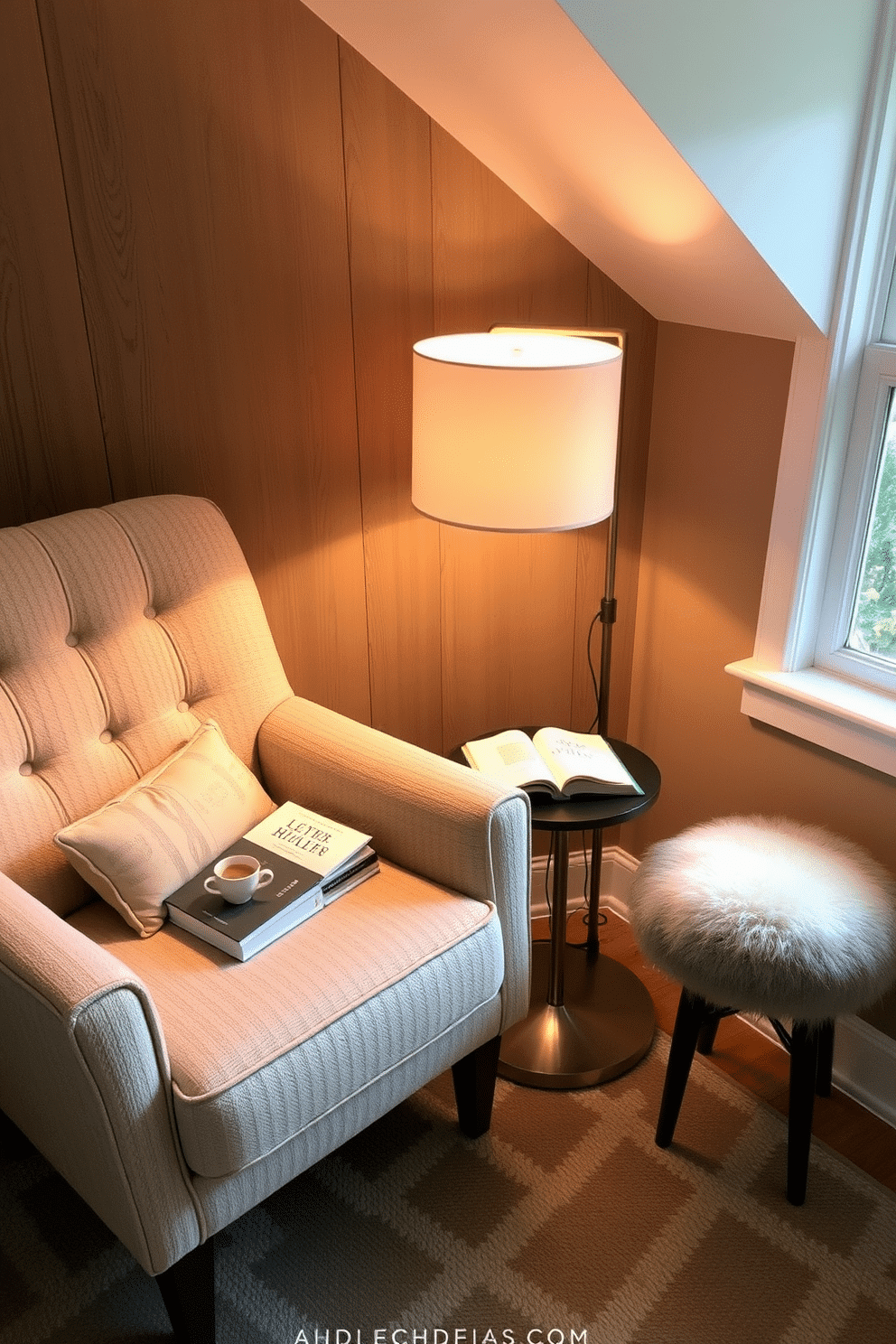 Create a cozy reading nook with a plush armchair upholstered in soft, textured fabric. A small side table sits next to the chair, holding a stack of books and a warm cup of tea. The nook is illuminated by a stylish floor lamp that casts a gentle glow, creating an inviting atmosphere. A patterned rug anchors the space, while a window nearby allows natural light to filter in, enhancing the serene ambiance.