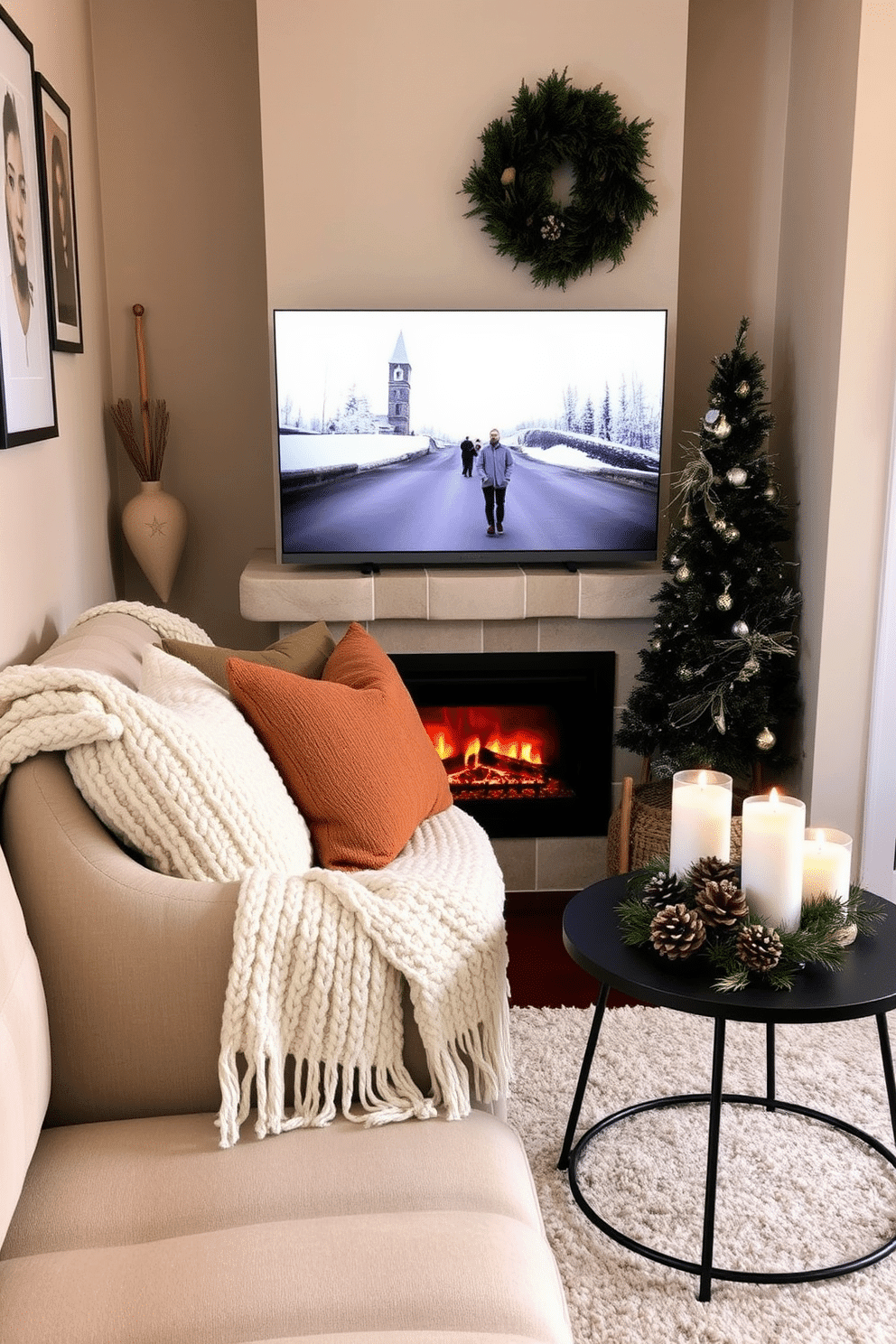 A cozy winter retreat in a small living space featuring a stylish electric fireplace that adds warmth and ambiance. The walls are adorned with soft, neutral tones, and plush textiles create a welcoming atmosphere, while a small seating area invites relaxation. Decorative elements include a chunky knit throw draped over a compact sofa and a set of warm-toned pillows that enhance the inviting feel. A small coffee table, topped with a seasonal centerpiece of pinecones and candles, completes the charming winter decor.