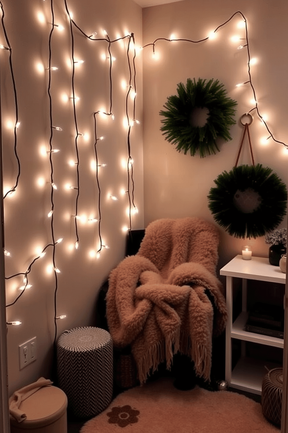 Create a cozy winter small space decorated with string lights that twinkle softly against the walls. The room features a compact seating area with a plush throw blanket draped over a chair, enhancing the inviting atmosphere.