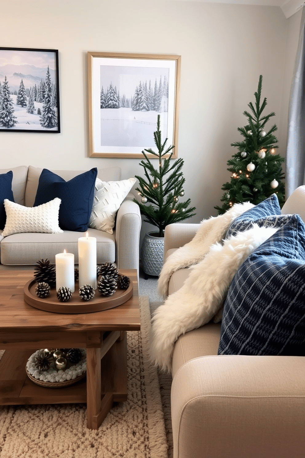 A cozy winter-themed living room adorned with decorative items that evoke the spirit of the season. A small wooden coffee table is topped with a collection of pinecones, candles in varying heights, and a fluffy white throw blanket draped over the arm of the sofa. The walls are adorned with framed winter landscape art, and a small evergreen tree sits in the corner, decorated with twinkling lights. Soft, textured pillows in shades of deep blue and silver add warmth and comfort to the space, creating an inviting winter retreat.