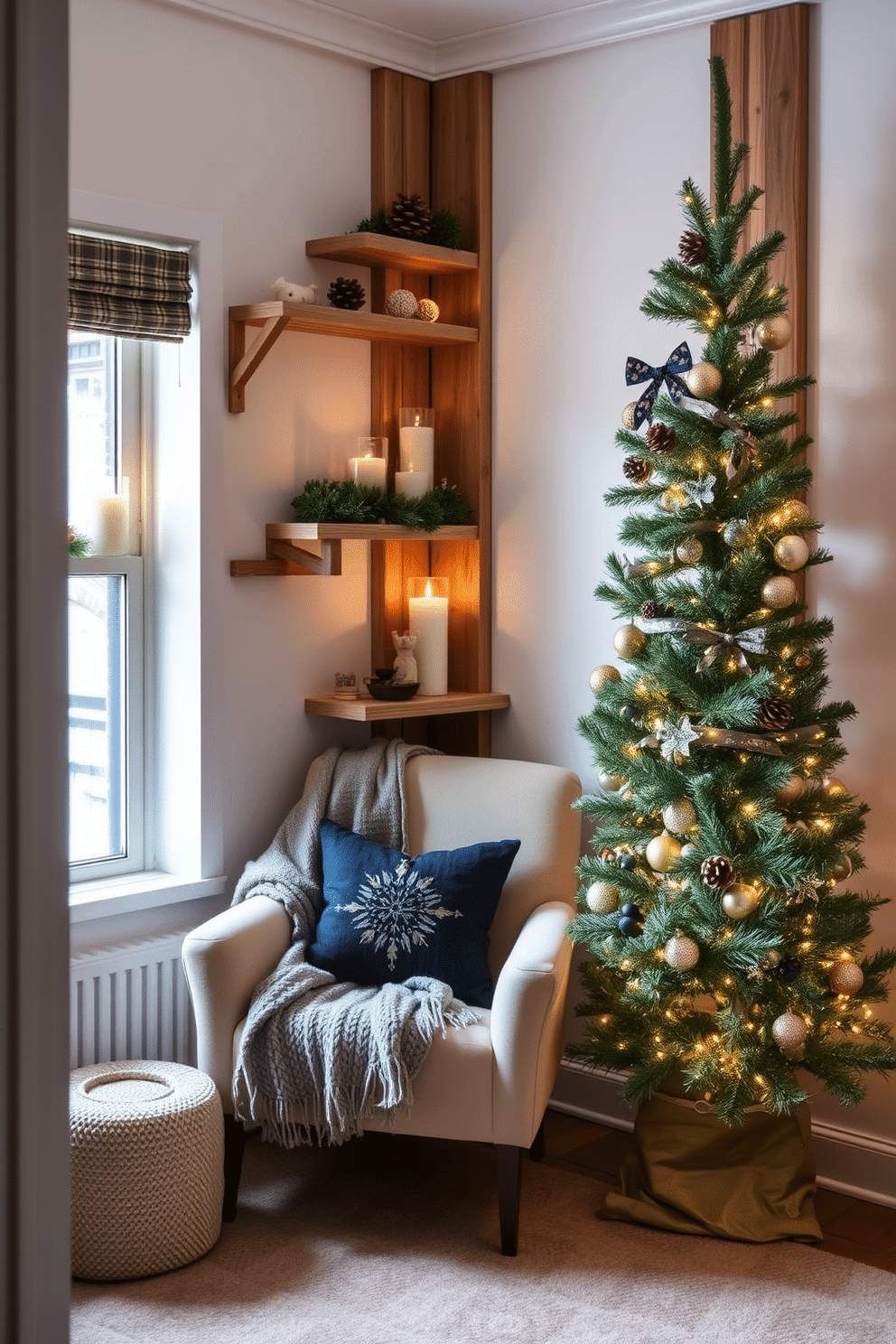 A cozy winter-themed small space featuring tall decorative elements. The walls are adorned with vertical wooden shelves that display an array of seasonal decor, including pinecones, candles, and small evergreen arrangements. A plush armchair is positioned near a window, draped with a soft knitted throw. The floor is layered with a warm, textured rug, and a tall, slim Christmas tree stands in the corner, decorated with delicate ornaments and twinkling lights.