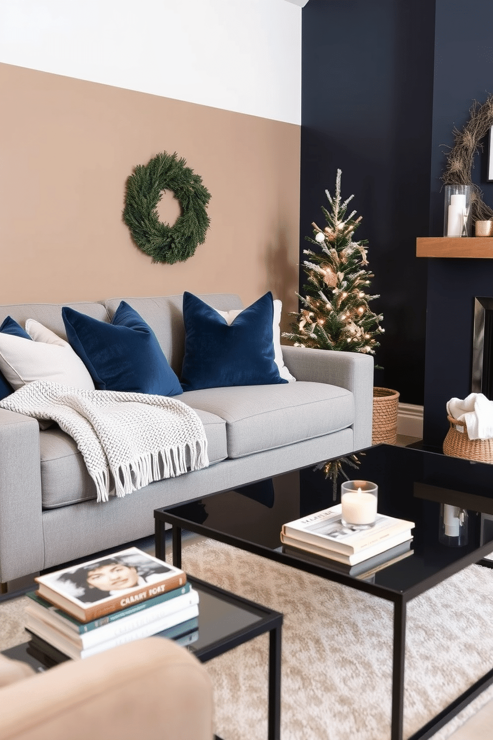 A cozy winter living room featuring a plush gray sofa adorned with deep blue and white throw pillows. A soft knit blanket drapes over the armrest, and a sleek coffee table holds a stack of seasonal books and a fragrant candle. The walls are painted in a warm taupe, complemented by a rich navy accent wall. A small, elegant tree with twinkling lights stands in the corner, and a woven basket holds extra blankets near the fireplace.