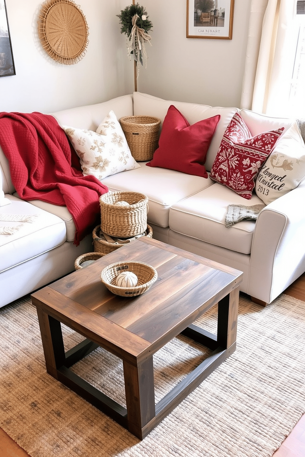 Create a cozy winter small space living room featuring stylish storage solutions using woven baskets. The room is adorned with a plush sofa in soft neutral tones, accented by warm throw blankets and seasonal decorative pillows. In one corner, a cluster of decorative baskets in varying sizes is neatly arranged, providing both functionality and charm. A small coffee table made of reclaimed wood sits atop a textured area rug, completing the inviting atmosphere.