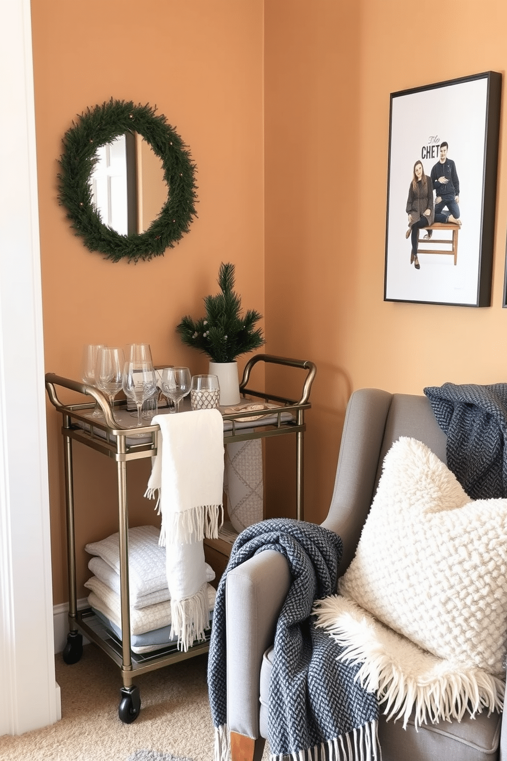 A cozy winter-themed small space featuring a chic bar cart elegantly positioned in the corner. The bar cart is adorned with a selection of festive glassware and a small arrangement of seasonal greenery. The walls are painted in a warm, neutral tone, creating a welcoming atmosphere. Soft throw blankets and plush cushions are scattered on a stylish armchair, inviting relaxation during the chilly months.