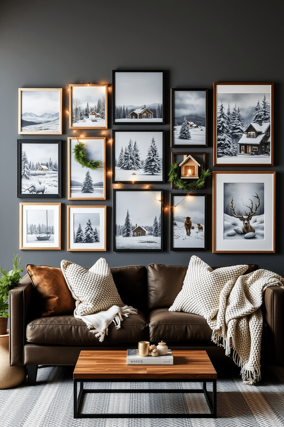 Create a gallery wall featuring a collection of winter-themed artwork. Include framed prints of snowy landscapes, cozy cabins, and winter wildlife, arranged in an eclectic yet harmonious layout. Incorporate decorative elements such as string lights and seasonal greenery to enhance the winter atmosphere. Use a mix of textures and colors to create visual interest while maintaining a cohesive winter aesthetic. For small space decorating, utilize multi-functional furniture like a compact coffee table that doubles as storage. Add soft textiles such as a chunky knit throw and plush cushions to create a warm and inviting environment.