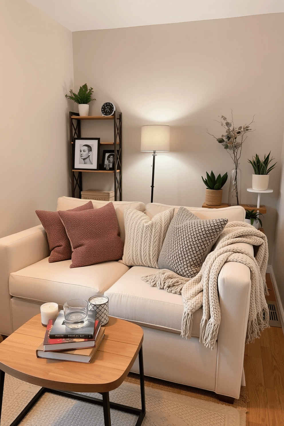 A cozy winter small space decorated with neutral colors. The walls are painted in a soft beige, and a plush cream sofa is adorned with textured throw pillows. A small wooden coffee table sits in front of the sofa, topped with a stack of books and a scented candle. A warm, knitted throw is draped over the arm of the sofa, adding a touch of comfort. In one corner, a slim bookshelf displays curated decor items and a few potted plants for a touch of greenery. Soft lighting from a floor lamp creates a warm ambiance, making the space inviting and serene.