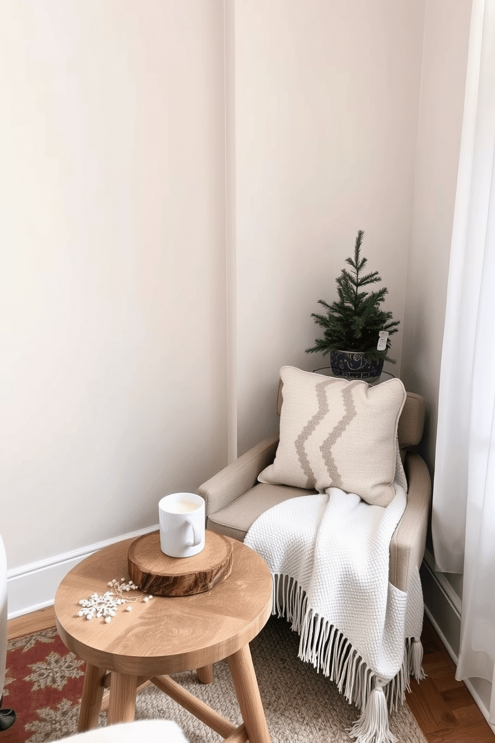 A cozy winter-themed small space living area. A plush armchair is positioned next to a small wooden coffee table topped with a warm throw and a steaming mug. The walls are adorned with soft, neutral tones that enhance the inviting atmosphere. A small evergreen tree in a decorative pot adds a touch of seasonal charm to the corner.