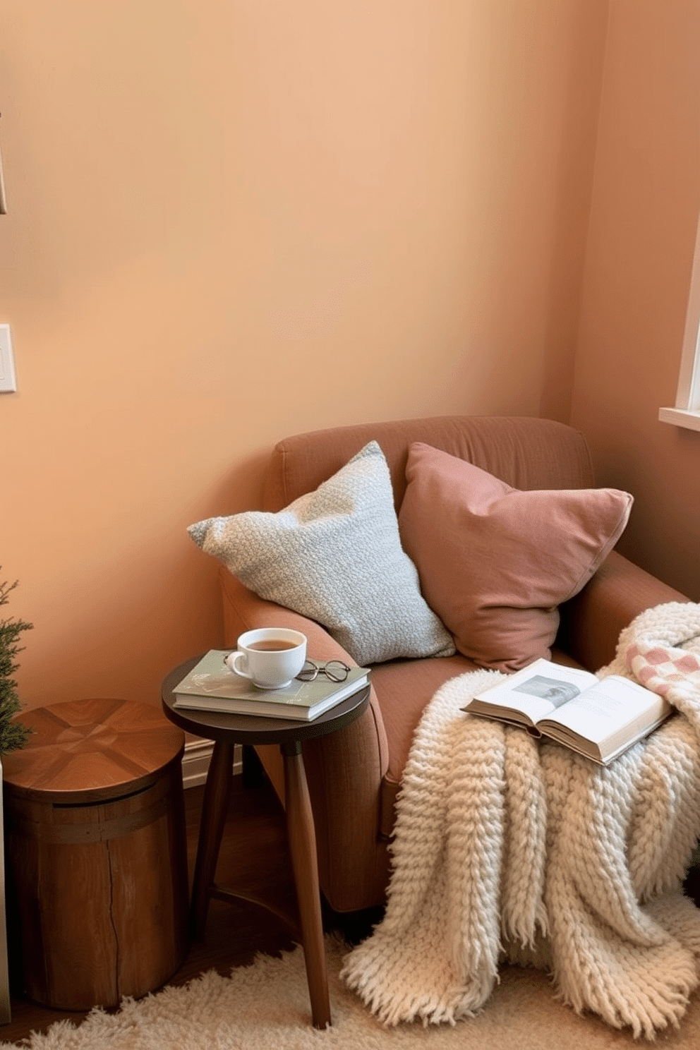 A cozy corner featuring an inviting armchair adorned with soft cushions in various textures and colors. A small side table next to the chair holds a steaming cup of tea and a stack of books, creating a perfect reading nook for winter. The walls are painted in a warm neutral tone, enhancing the snug atmosphere of the space. A plush throw blanket drapes over the armchair, while a small indoor plant adds a touch of greenery to this charming winter retreat.