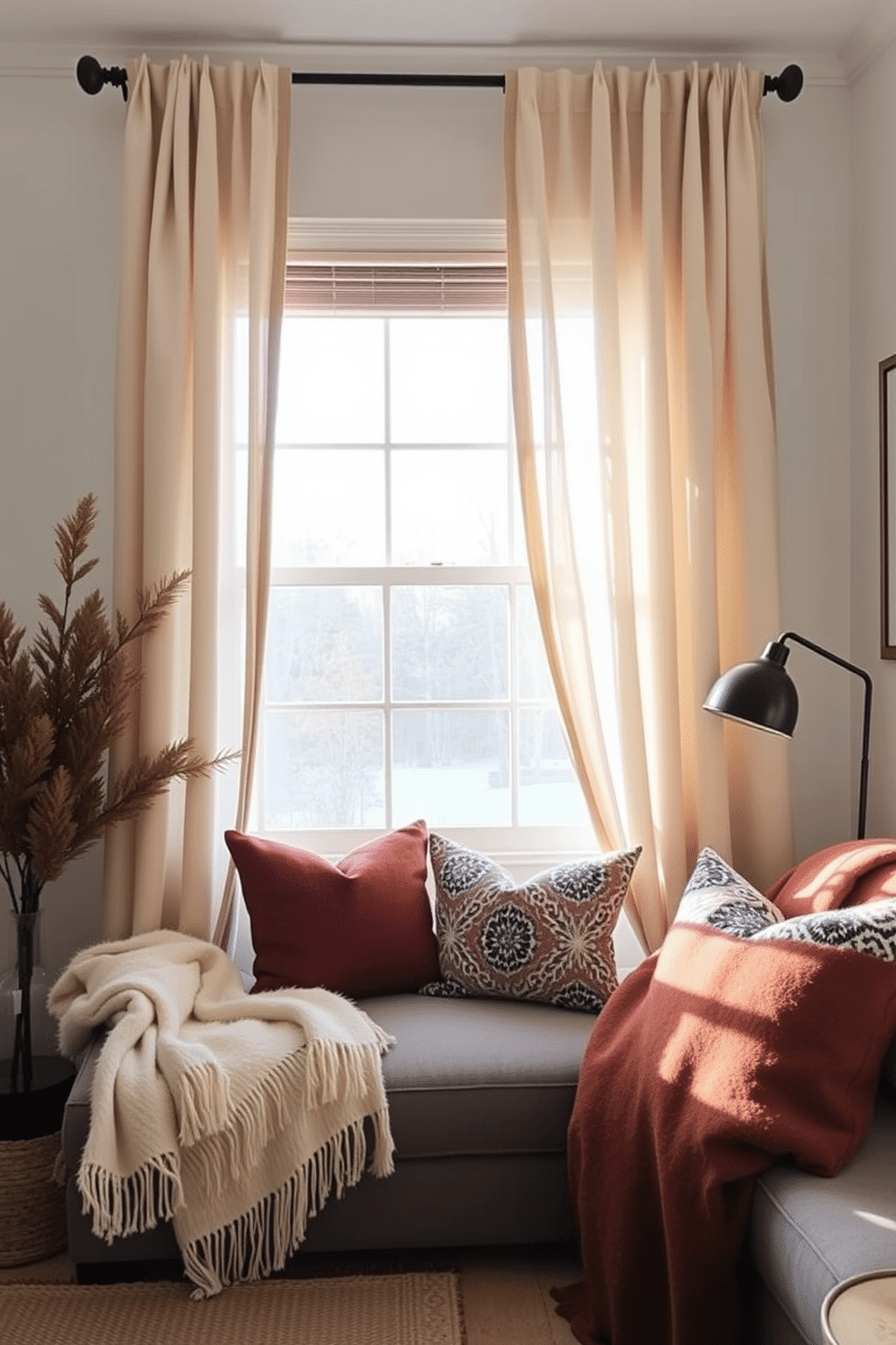 Choose lightweight curtains that allow ample natural light to fill the room. Incorporate soft, neutral tones to create a cozy atmosphere in your winter small space. Opt for layered textures with the curtains to add depth and warmth. Use decorative elements like throw pillows and blankets in rich colors to enhance the seasonal decor.