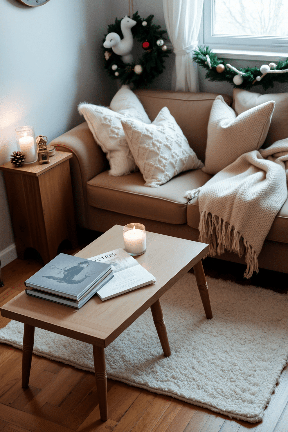 A cozy winter small space decorated for the season. The room features a plush sofa adorned with soft throw pillows and a warm blanket draped over the armrest. In front of the sofa, a small coffee table holds a stack of books and a scented candle. A small area rug in soft neutrals adds warmth to the hardwood floor, creating an inviting atmosphere.