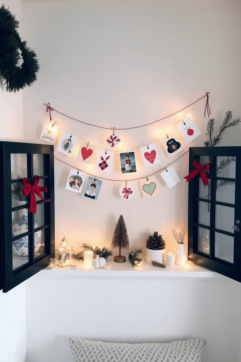 Create a cozy winter-themed small space that showcases a creative display of holiday cards on a string. The walls are painted in a soft white hue, and the decor features elements like pine branches and twinkling fairy lights for a festive touch.