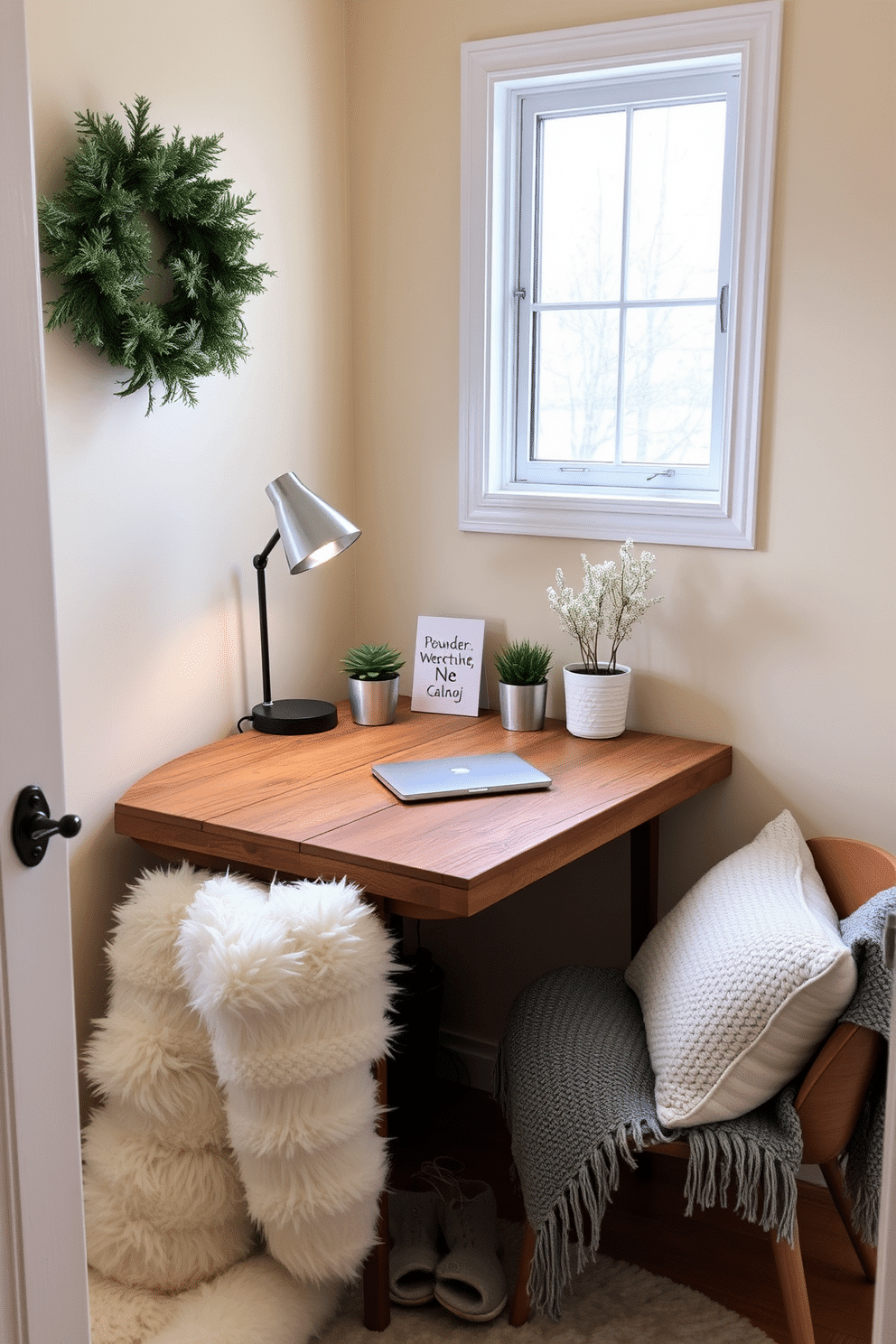 A cozy winter-themed small space featuring a compact desk designed for productivity. The desk is made of reclaimed wood and positioned near a window, adorned with a stylish desk lamp and a few potted plants. The walls are painted in a warm cream color, creating a bright and inviting atmosphere. Soft, textured throw blankets and cushions in shades of grey and white are arranged on a nearby chair, enhancing the winter decor.