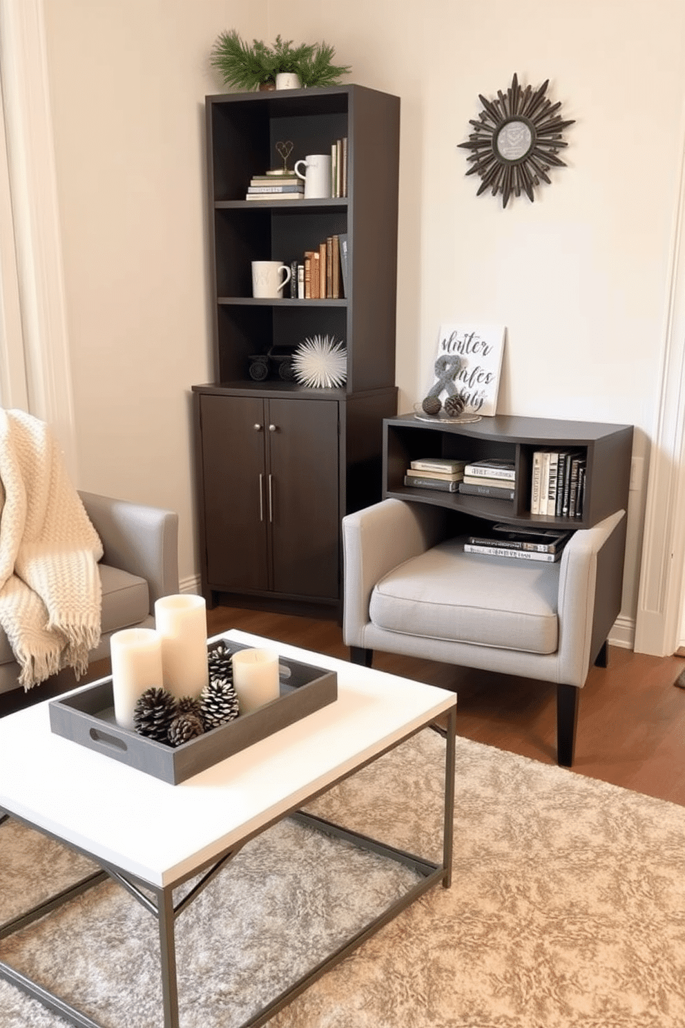 A cozy winter-themed small space decorated with decorative trays for organization. The living area features a plush throw blanket draped over a stylish armchair next to a sleek coffee table adorned with a decorative tray holding seasonal candles and pinecones. The walls are painted in a soft cream color, enhancing the warmth of the space. A small bookshelf in the corner showcases winter-themed books and a tray filled with cozy mugs, creating an inviting atmosphere perfect for the season.