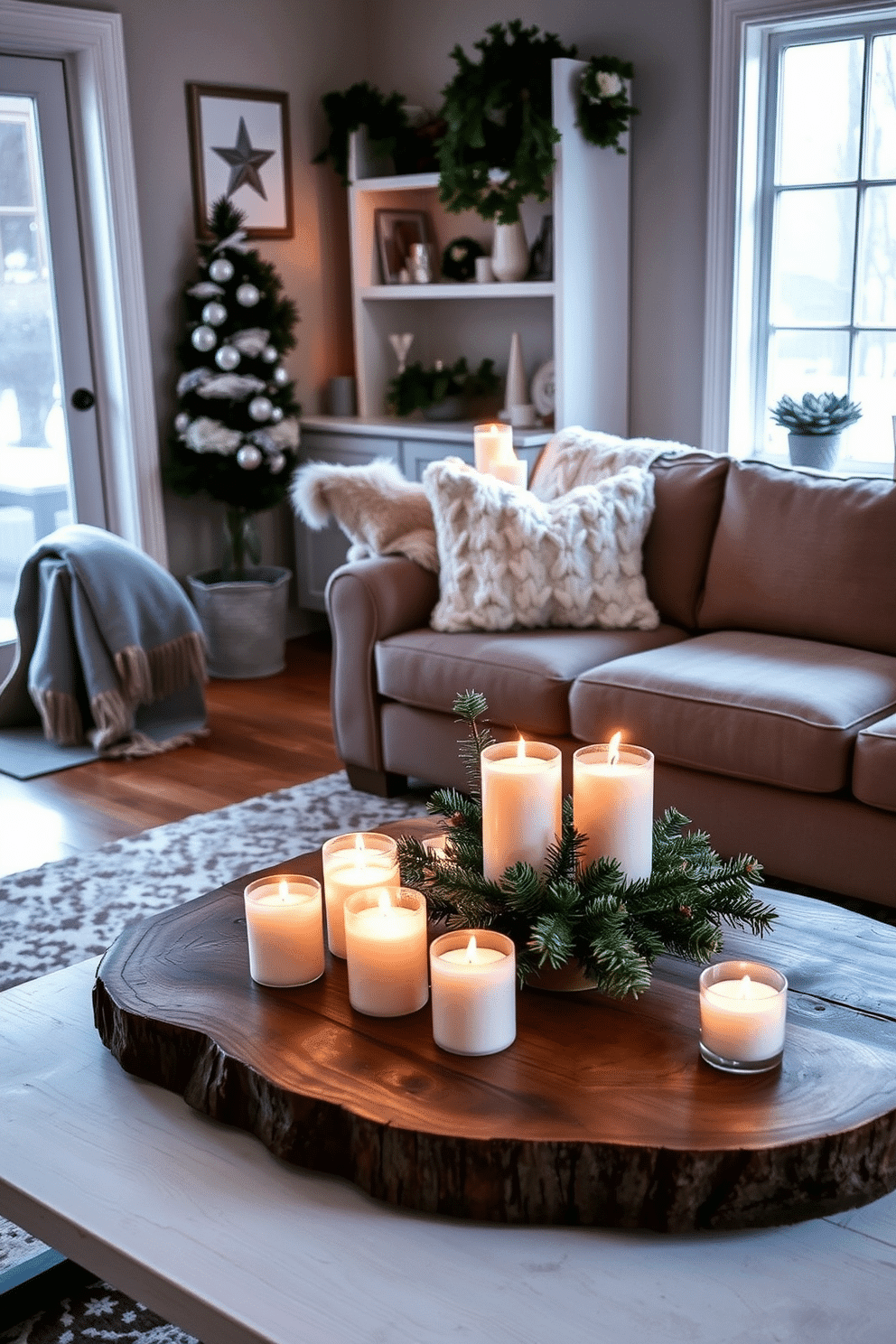 A cozy winter living room featuring candles arranged on a rustic wooden coffee table. The soft glow from the candles illuminates plush blankets draped over a modern sectional sofa, creating an inviting atmosphere. A small dining nook adorned with seasonal decorations, including a centerpiece of candles surrounded by pine branches. The warm light from the candles enhances the charm of the space, complemented by a small table set for two.