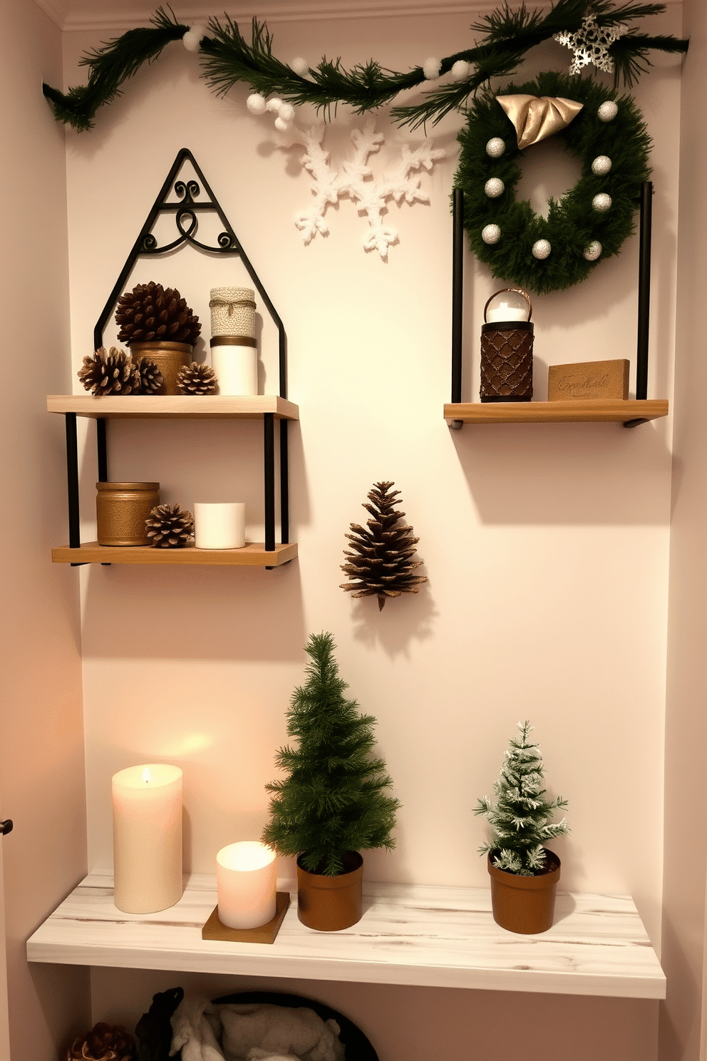 A cozy winter-themed small space decorated with wall-mounted shelves displaying decorative accents. The shelves are adorned with seasonal items like pinecones, candles, and small potted evergreens, creating a warm and inviting atmosphere.