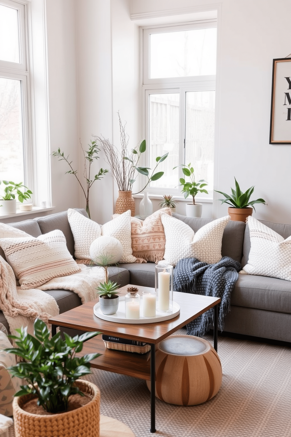 A cozy winter living space featuring small plants placed strategically around the room. The decor includes soft throws and pillows in warm textures, creating an inviting atmosphere. A small coffee table is adorned with a few decorative candles and a small potted succulent. The walls are painted in soft neutrals, enhancing the natural light that filters through the windows.